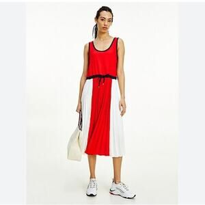 NEW Tommy Hilfiger Pleated Midi Dress Large Colorblock Red Academia Americana